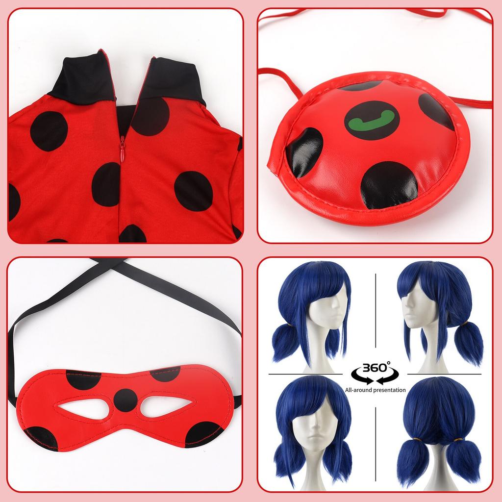 Miraculous Ladybug Costume for Kids, 4-5 Years, with Wig, Mask & Bag, Jumpsuit Style, Cosplay Outfit