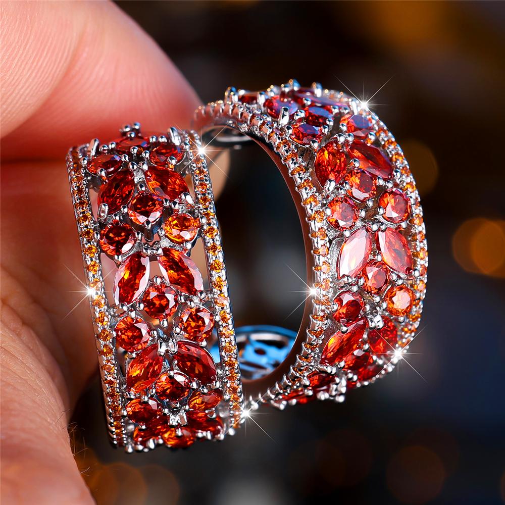 Luxus Damen Rot Grün Regenbogen Zirkon Kristall Stein Steckerohrringe Großer Anhänger Silberfarbe Hochzeit Europäischer Schmuck Für Frauen
