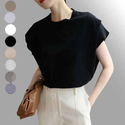Nova Camiseta Feminina Coreana de Alta Qualidade para Verão em Algodão Puro Cor Sólida Solta Casual Manga Morcego Manga Curta