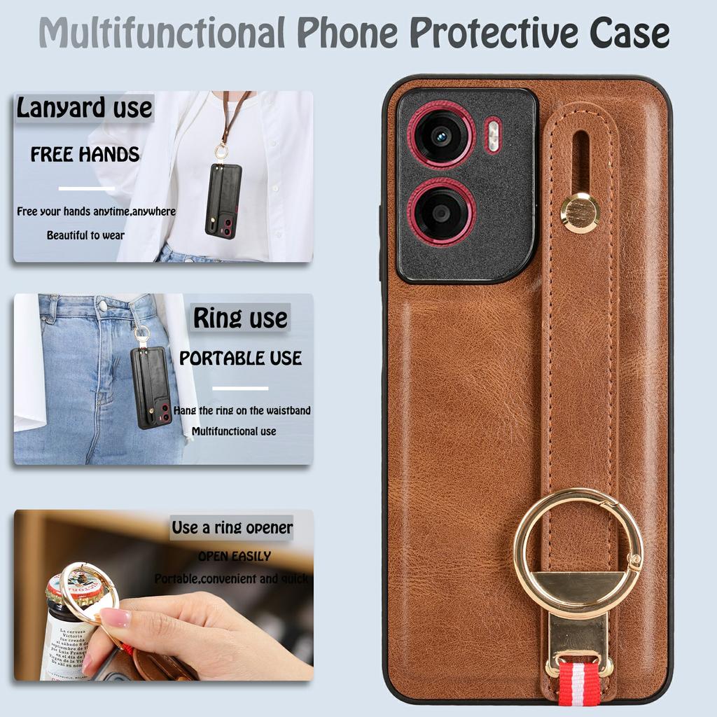 Pro Motorola Moto G05 4G/E15 4G Pouzdro Náramek Stojánek Kůže+PC+TPU Kryt na telefon s otvírákem na lahve