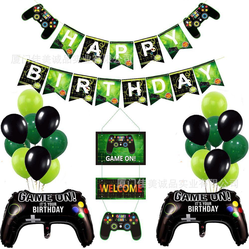 GAME ON Blue Gaming-Themed Birthday Party Decorations: Game Controller Banner and Aluminum Foil Balloon Set