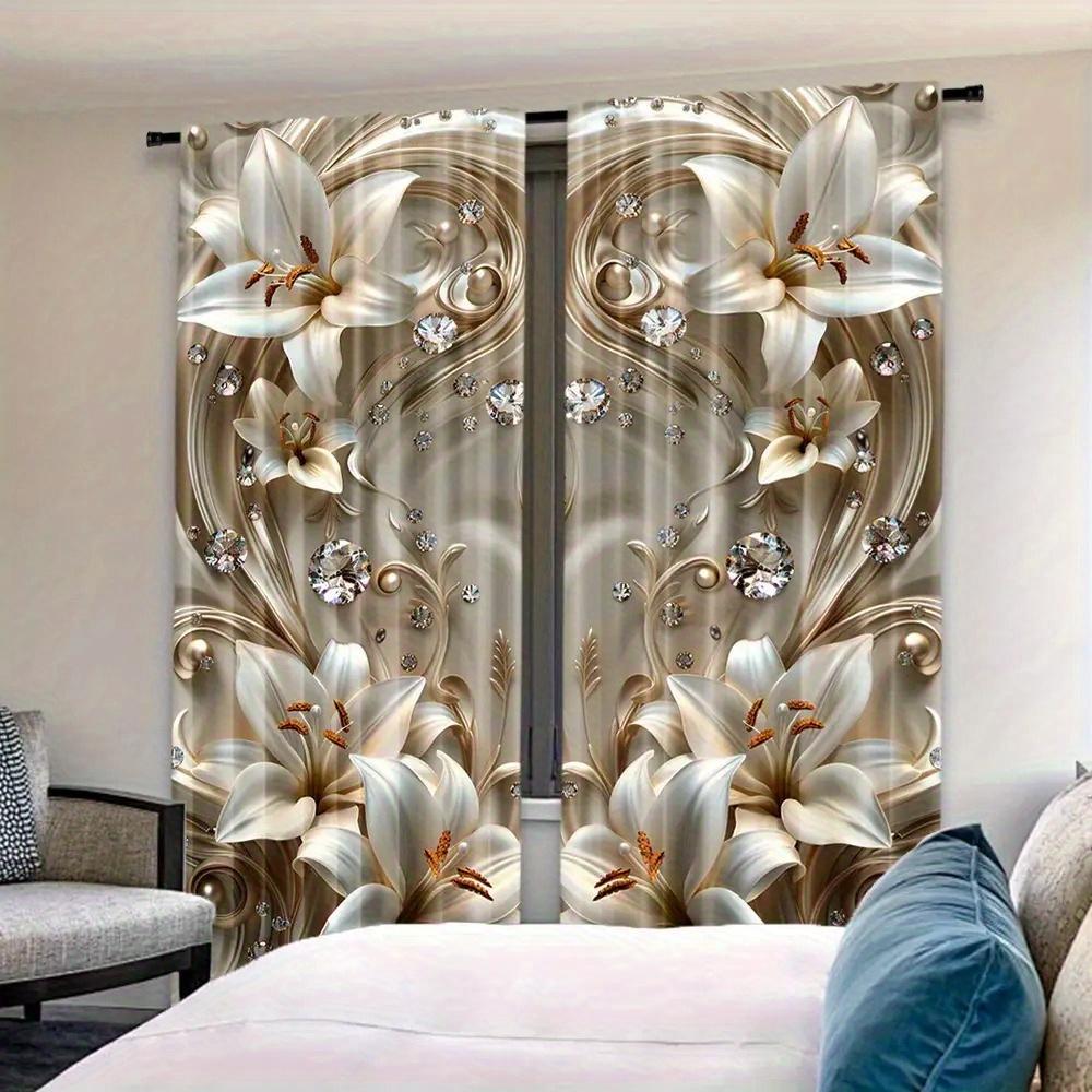 2 Pcs Elegant 3D Lily Curtains – Modern Sheer Window Treatment with Rod Pocket for Bedroom Living Room Kitchen Office All Rooms