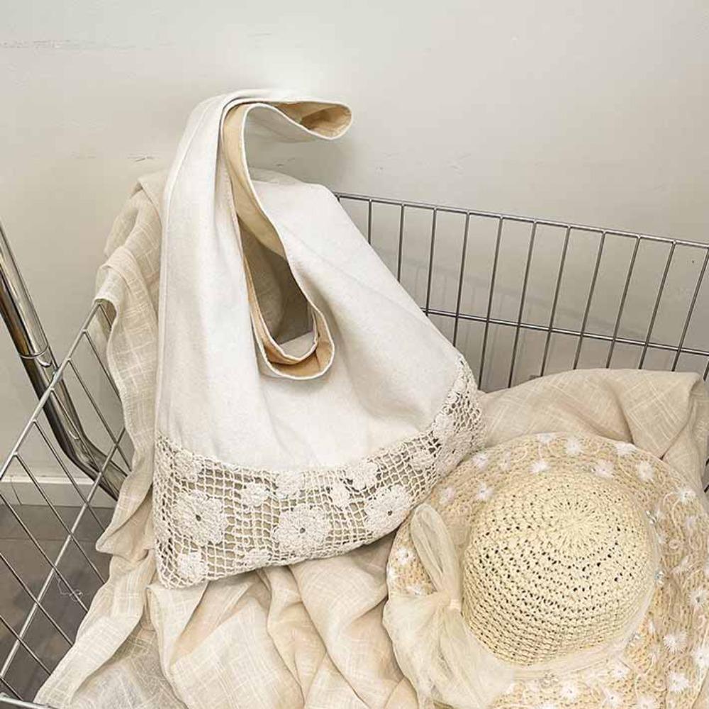 Tote Bag Flower Beach Bag Hollow Out Hollow Shoulder Bag Simple Solid Color Woven Bag  Girls