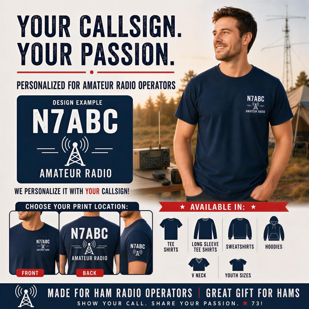 Ham Radio T-Shirt, Personalized Callsign Apparel with Vintage Tower Design