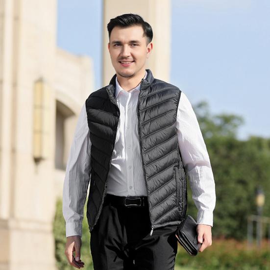 Men Cotton Vest Stand Collar Sleeveless Zipper Closure Thermal Jacket with Pockets Solid Color Winter Waistcoat