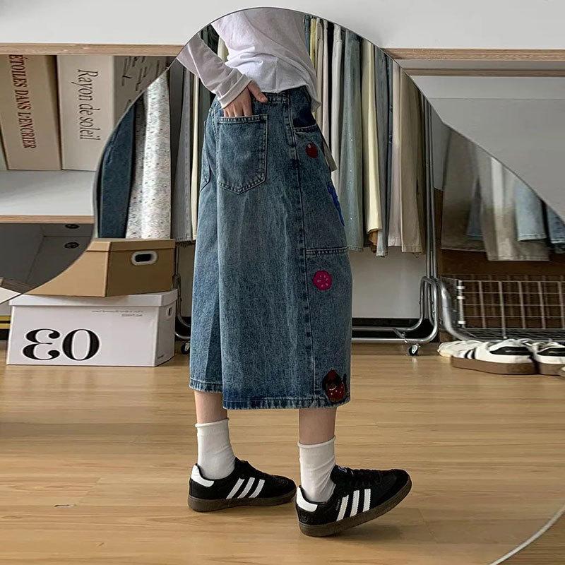 Women Plus Size High Waist Loose Wide Leg Embroidered Denim Capri Pants