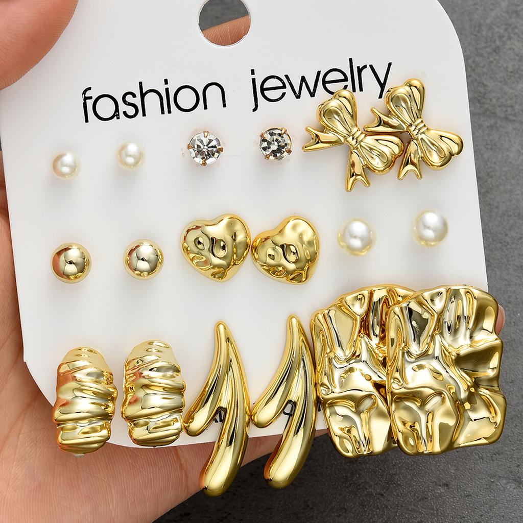 18 Pcs/Set Vintage Gold Color Metal Pearl Heart Bow Knot Earrings for Women Elegant Irregular Zircon Stud Earring Jewelry Gifts