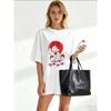 Oversize Women's Short-Sleeve T-Shirt with Red & White Maneki-neko Text and Cherry Blossom Decor Print