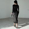 Women's Spring Solid Color Slim Pleated Round Neck Long Sleeve Dresses