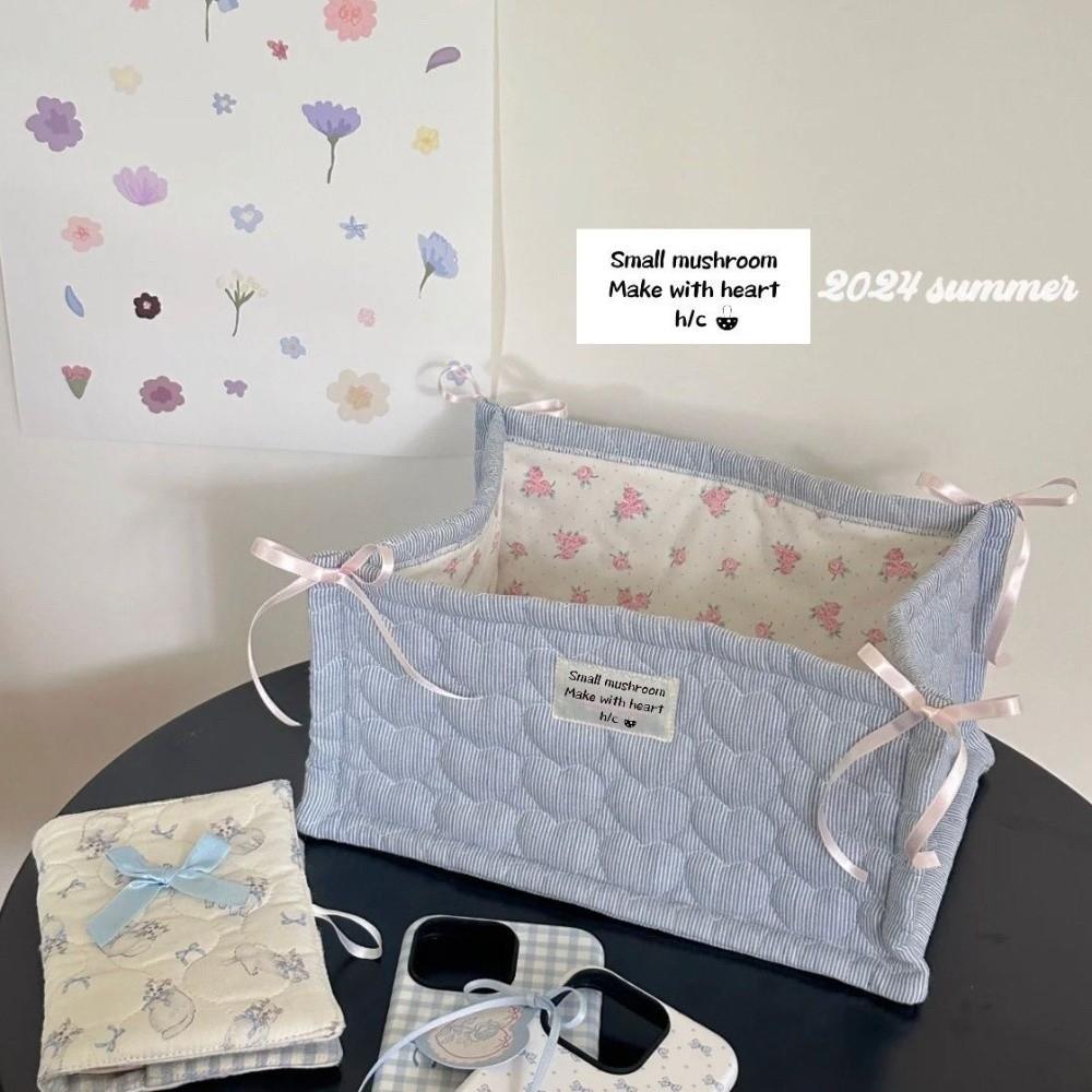 Cute Rectangle Storage Basket Quilted Cotton Desktop Storage Box Stripe Bow Large Capacity Sundries Toy Organizer Home Supplies