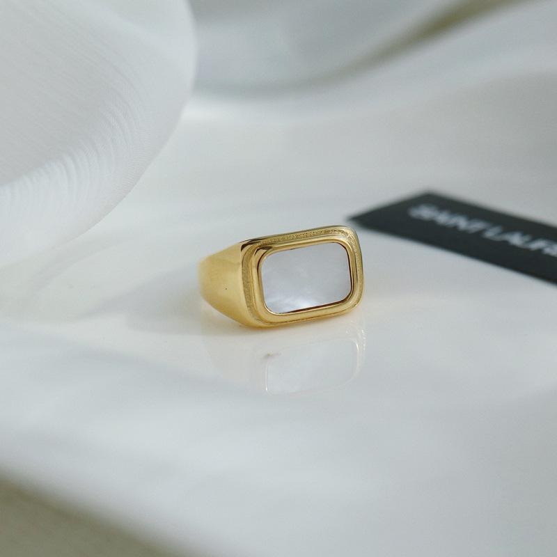 18K Gold-Plated Titanium Steel Ring with European Geometric Design and Mother-of-Pearl Inlay