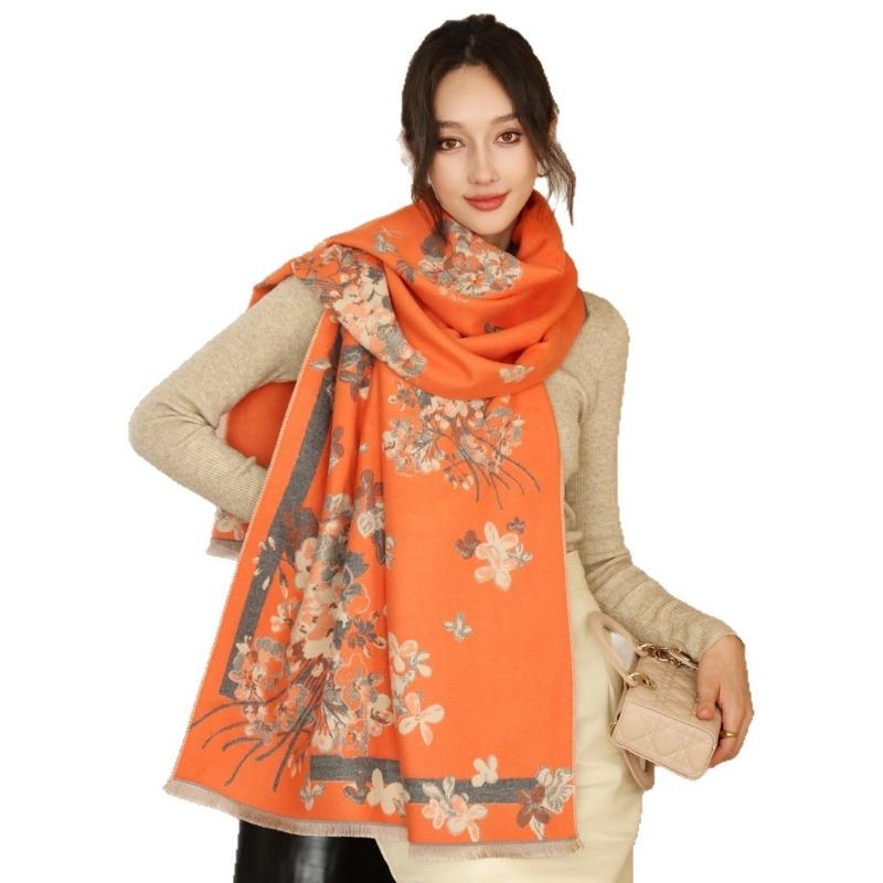 Autumn and Winter New Flower Fashion Decoration Medium and Long Imitation Cashmere Warm Scarf Women's Air Conditioner Shawl for Mother