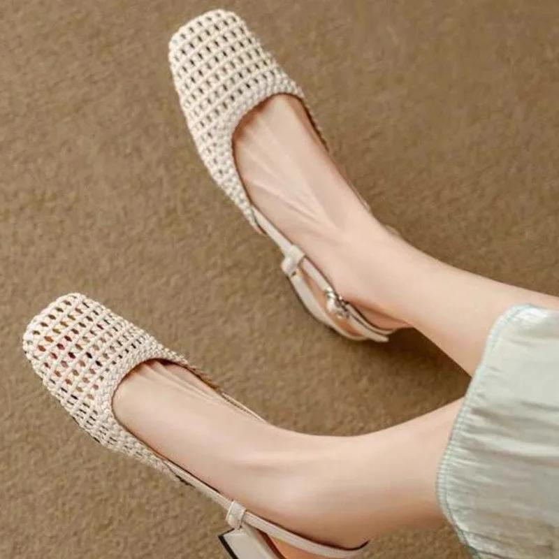 Franse Platte Damessandalen Zomer Nieuw Mesh Gat Kantoor Carrière Schoenen Holle Gespriem Romeinse Midden Dikke Hak Sandalias