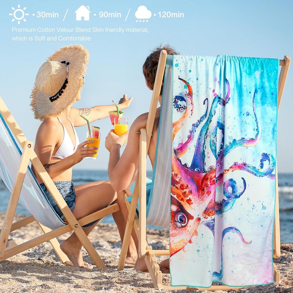 Octopus Kraken Beach Towel, Nautical Ocean Life Cotton Blend Absorbent Bath Towel for Kids Men Women Pool and Travel