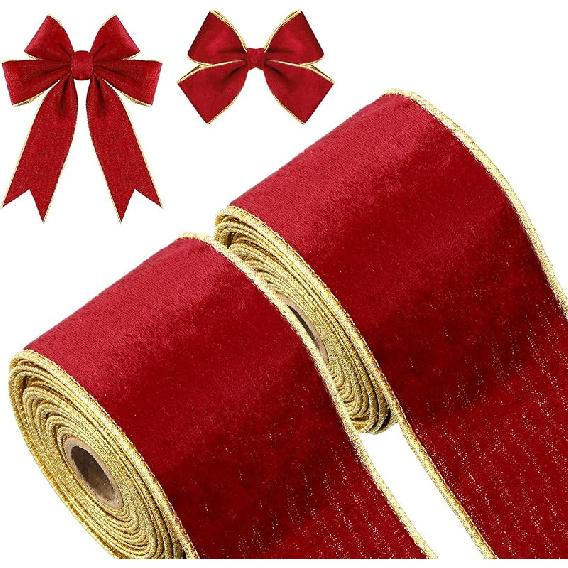 2 Rolls 2.5 Inch 10 Yards Christmas Velvet Ribbon Single Face Christmas Plain Velvet Ribbon for Gift Wrapping Crafts Xmas Wreath Tree Decor(Red)