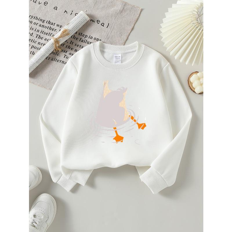 Girls Crew Neck Pullover Sweatshirt, Duck Swimming With Fish Print, Soft Cozy Warm Casual Tops for Autumn Winter