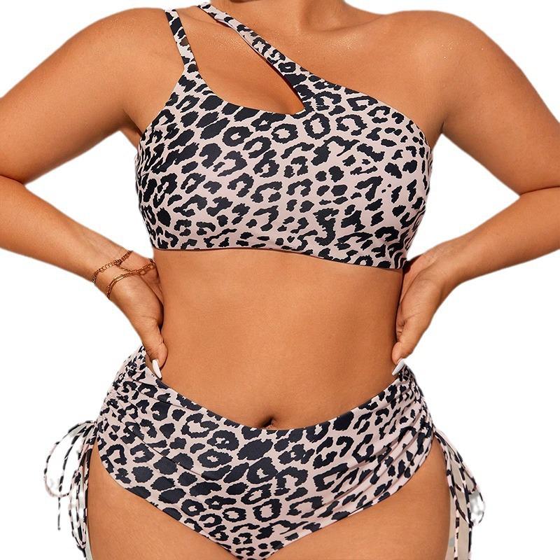 2024 Plus Size Leopard Print One-Shoulder Bikini Women's Swimsuit