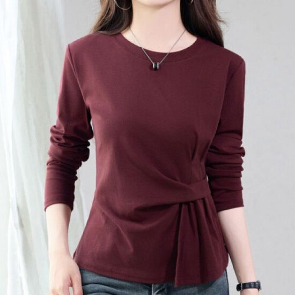 Navava Women S Shirred waiST Round Neck Long Sleeve T ShirT nT3163