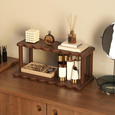 Desktop Rack Cosmetic Stationery Storage Holder Double Layer Multifunction Elegant Wooden Office