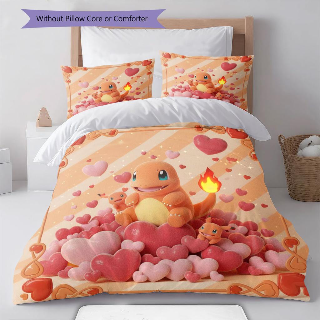 Liebe Pokemon Muster Bettwäsche Bettdecke Set Bettbezug Kissenbezug Heimdekoration Geburtstagsgeschenk (1 Bettbezug + 2 Kissenbezüge, ohne Füllung)