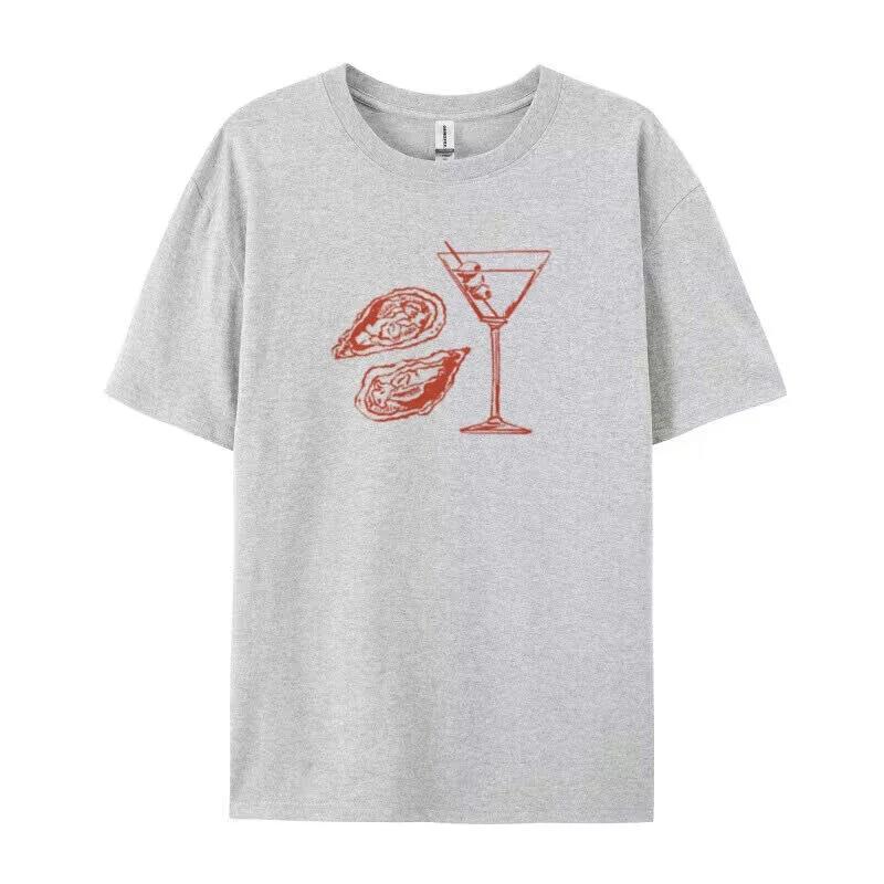 Martini Oyster Print 90s Retro Graphic Tees Women Grunge Streetwear T-Shirts Cocktail Food Shirt Vintage Y2k Aesthetic Clothes