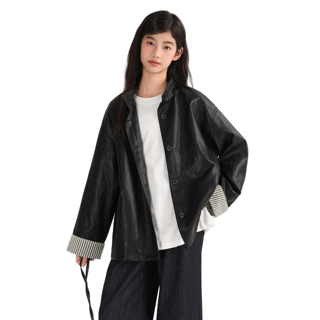 Tao Town Girls' Leather Lapel Jacket - Spring/Autumn Fashion for Big Kids