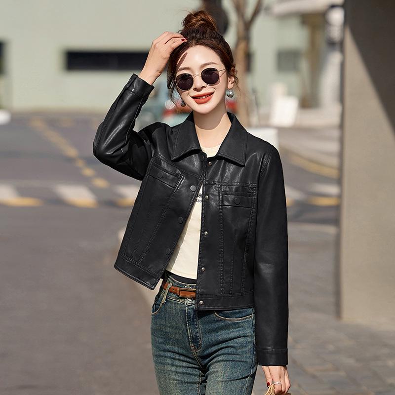 2025 Women's Slim Leather Jacket: Short, Fashionable, Turn-Down Collar Coat XG9957