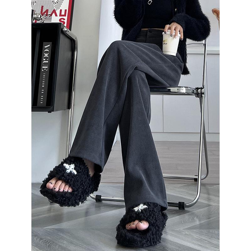 Women's Beige High-Waisted Wide-Leg Knitted Slim-Fit Trousers for Spring and Autumn, Fleece-Lined for Winter