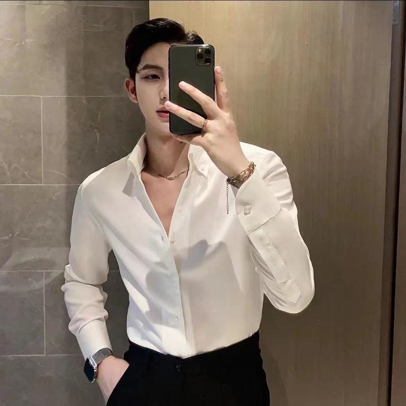 Big V New V-neck Shirt Men's Thin Style Korean Handsome Slim Casual Handsome Shirt