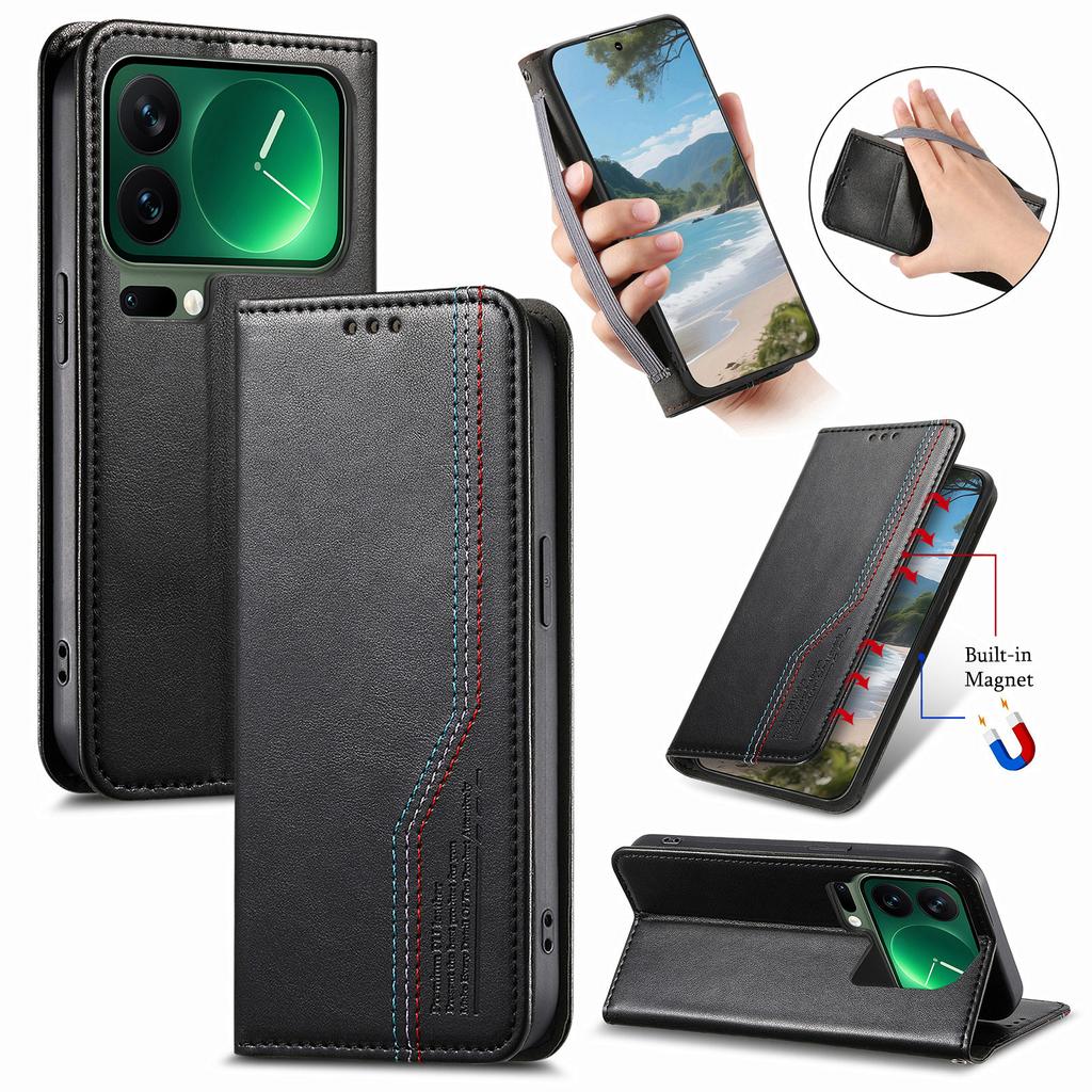 For Xiaomi 17 Pro Max Case Wallet Tri-Color Stitching Leather Phone Cover with Elastic Wristband