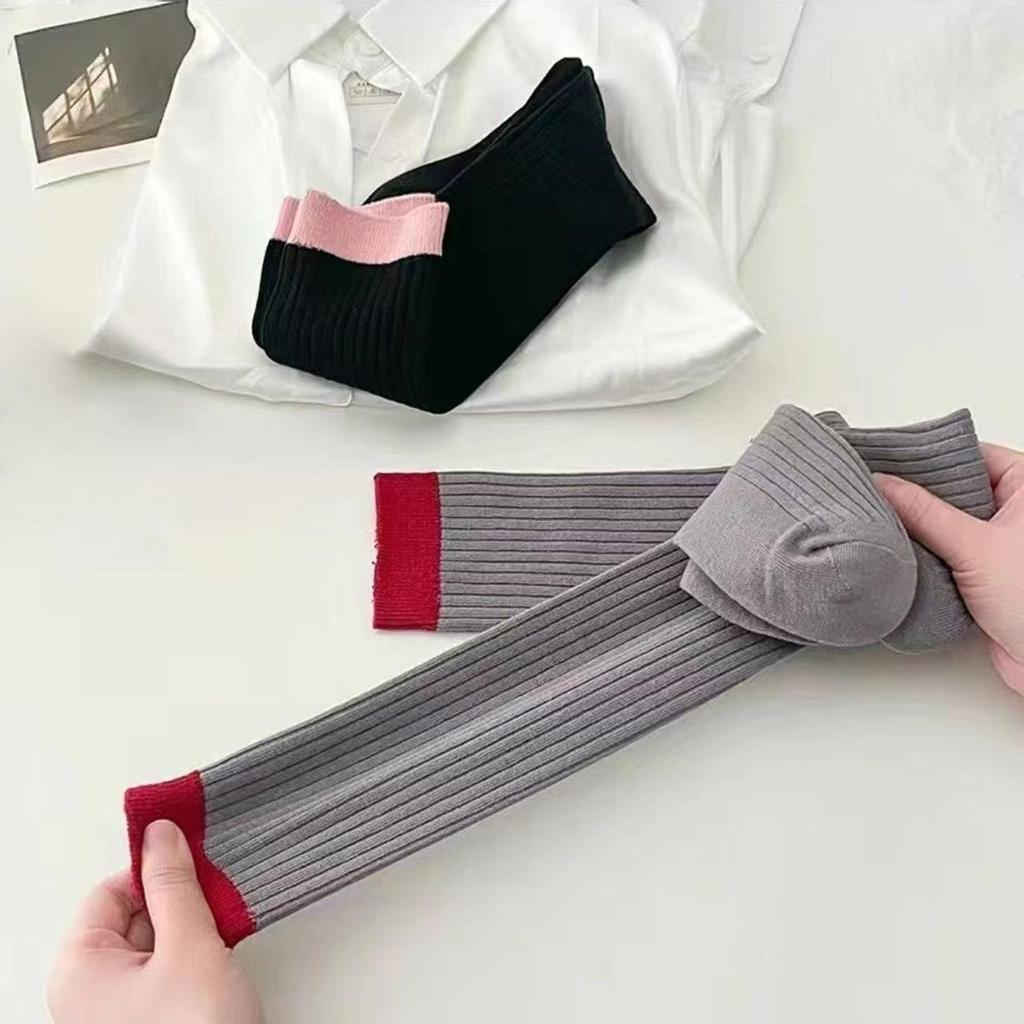 Fashion Color Blocked Calf Socks for Women Autumn Winter Cotton Knitted Warm Knee High Sock Ins Korean Girl Pile Long Socks