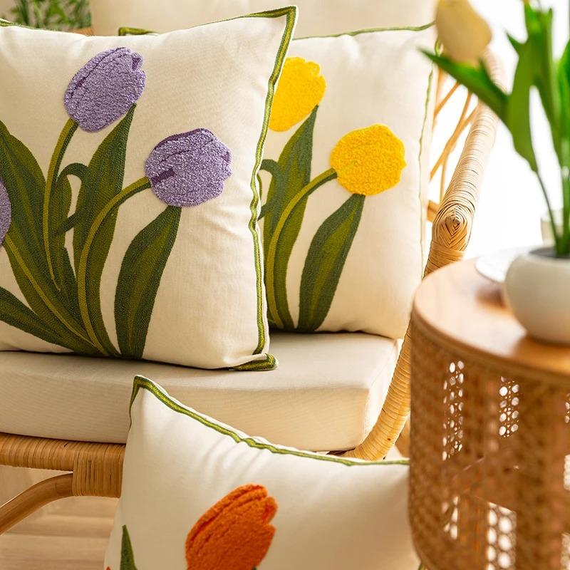 Pure Cotton Embroidery Tulip Spring Throw Pillow Covers Outdoor Patio Cushion Cover Pillow Cases Summer Garden Decorations Home