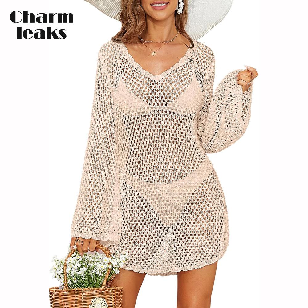 

CHARMLEAKS женский вязаный крючком купальник накидка с расклешенным рукавом пляжные накидки с открытой спиной купальный костюм накидки фестончатые купальники бикини бежевый