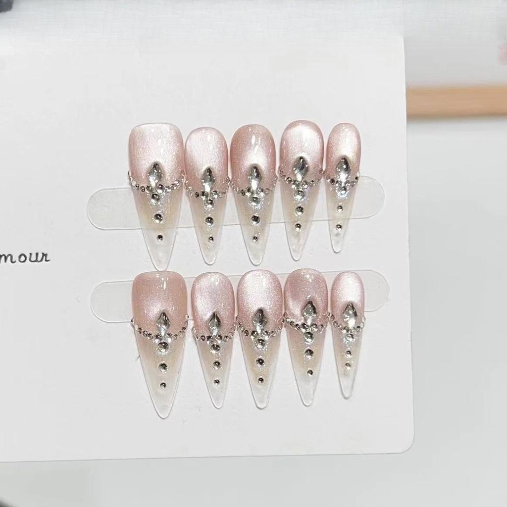 Pure Hand-woven Armor with High-end Atmosphere and Icy Nude Color Cat-eye French Temperament Goddess Detachable Manicure Finished Product