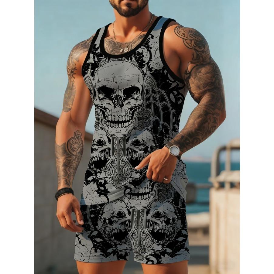 Summer New Men's Casual Fashion Simple Printed Vest and Shorts Set, Simple and Breathable