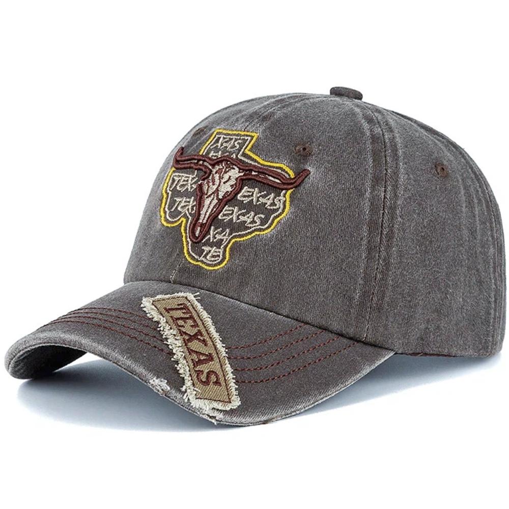 Unisex Praná Bavlněná Vintage Čepice Klasická Čepice TEXAS s Výšivkou Hlavy Býka Baseballová Čepice Venkovní Táta Klobouk Pro Muže Ženy