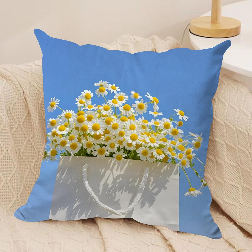 Flower Daisy Cushion Cover Soft Plush Fabric Double-Sided Printed Sofa Cushion Cover for All Seasons Home Decor Gift
