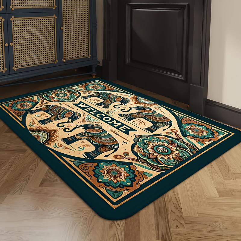 Luxury Flannel Floor Mat Carpet with Thick Sponge Cushion,Non-Slip Washable Vintage Elephant Design for Bedroom Kitchen Bathroom