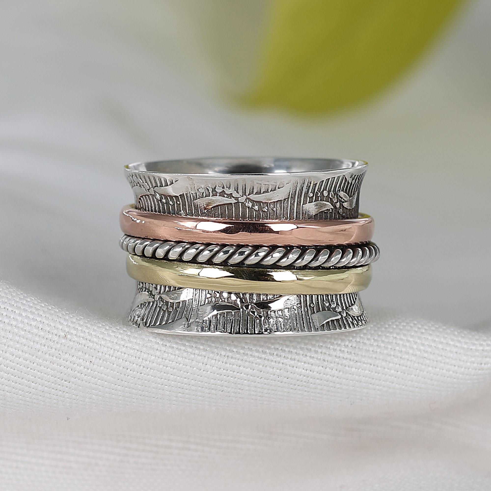 Кольцо-спиннер из стерлингового серебра, Украшение для медитации, Трехцветное кольцо-полоса, Кольцо от тревоги 5 серебряный