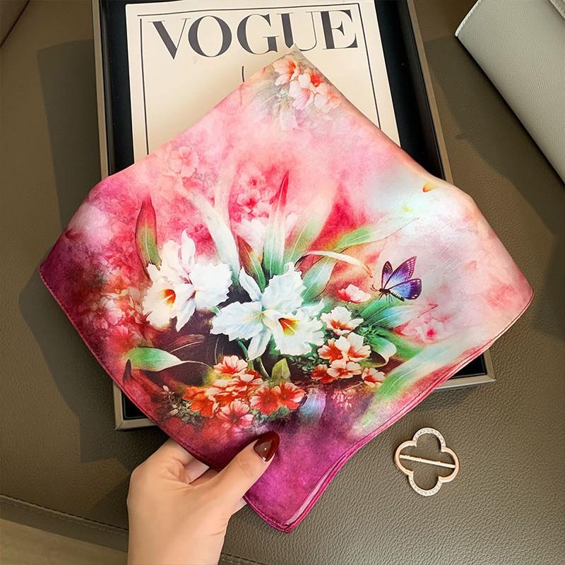 100% Pure Silk Square Scarf Women Floral Print Lightweight Accessory 53x53cm Pink Elegant Neck Hair Wrap
