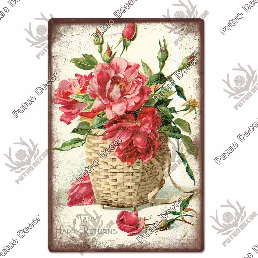 Putuo Decor Flower Vintage Tin Sign Plaque Metal Retro Wall Art Poster for Garden Living Room Club Decoration