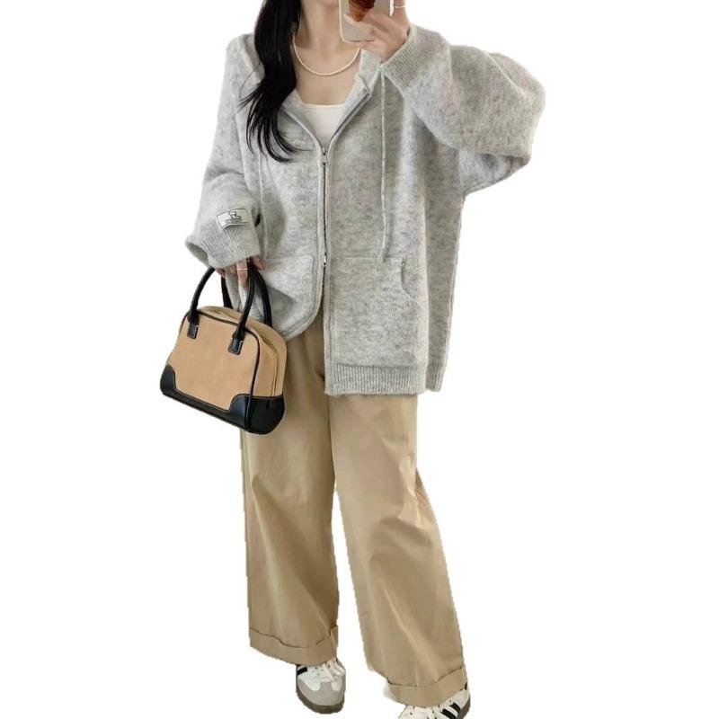 Autumn and Winter New Casual Versatile Hooded Zipper Knitted Cardigan Women's Loose Lazy Wind Thin Sweater Jacket