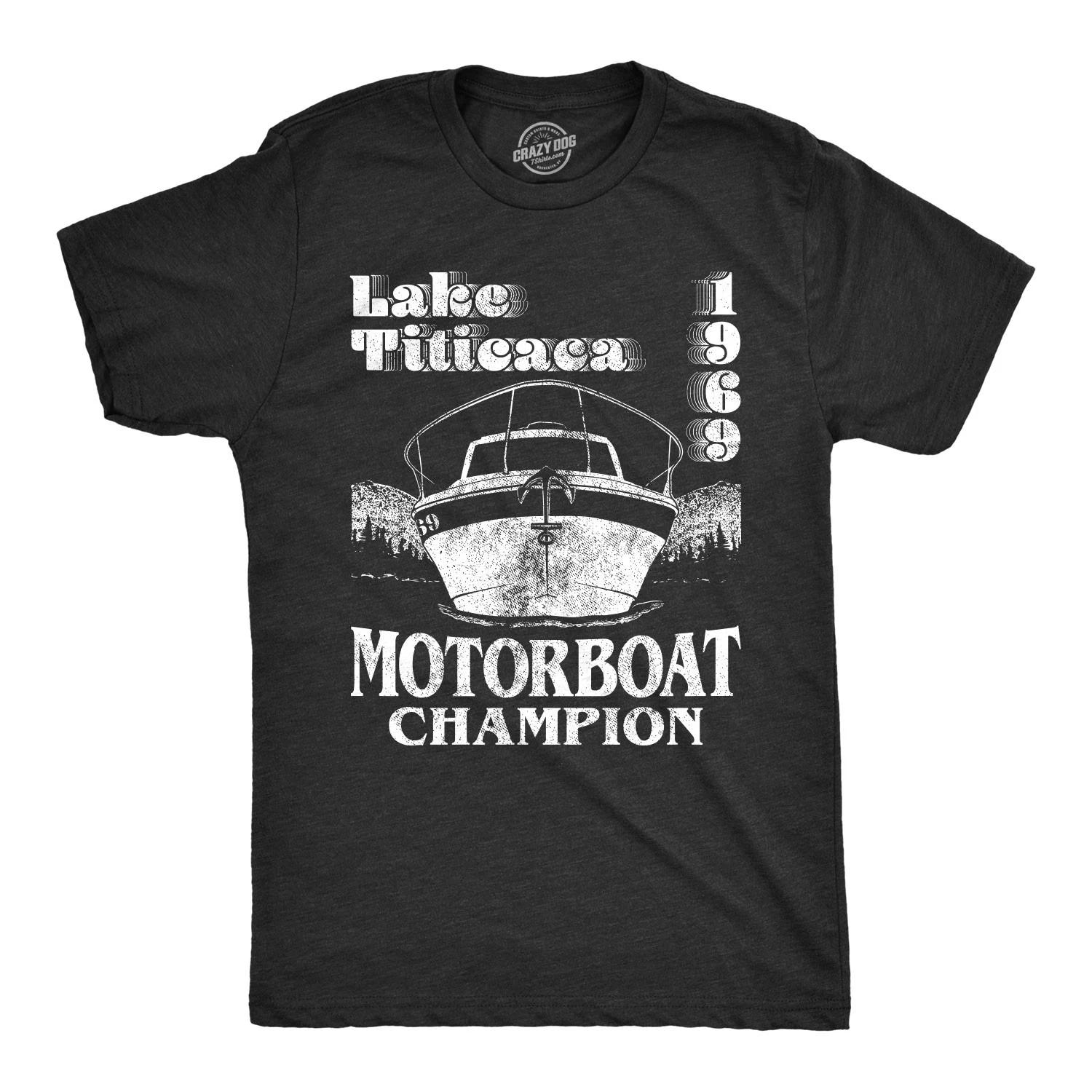 Mens Lake Titicaca T Shirt 1969 Motorboat Champion Funny Camping Shirt XXXL