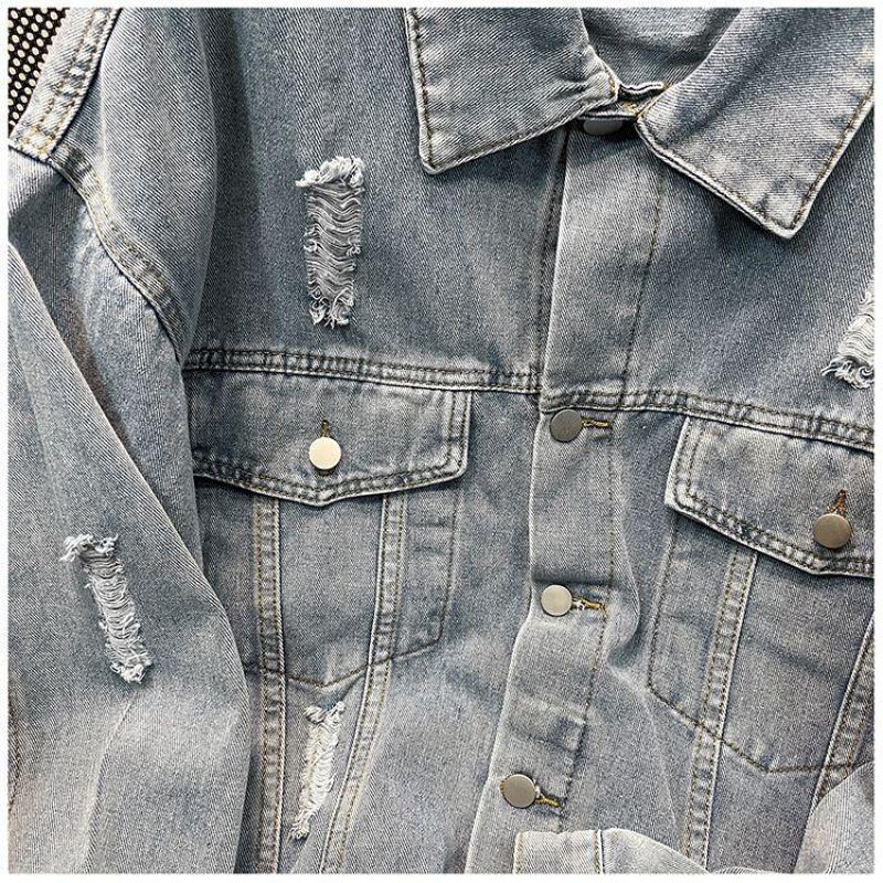 Korean Version of INS Spring and Autumn Letter Print Ripped Denim Jacket Men's American Street Tide Brand Ruffian Handsome Loose Top