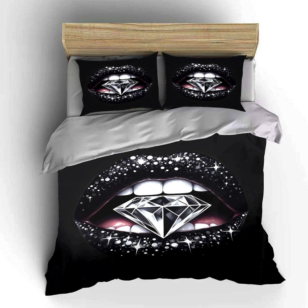 Diamond Glitter Lips Art Bedding Duvet Cover Set (1*Duvet Cover 2*Pillowcases, without duvet insert)