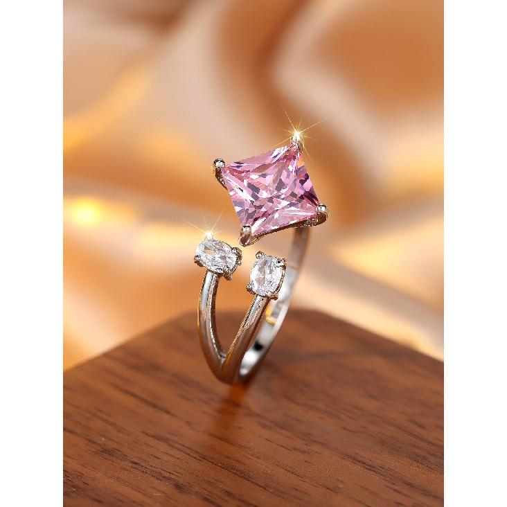 Korean-style sweet square pink cubic zirconia ring Double-band ring with an asymmetrical design