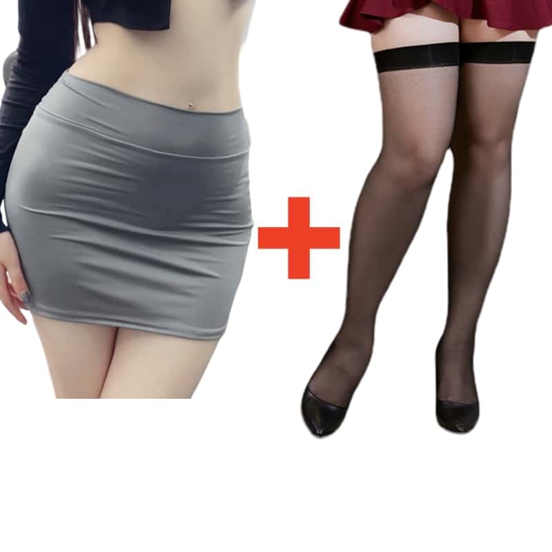 2PCS/SET Women High Waist Pencil Mini Skirts+Stockings Dress Set,Sexy Casual Wrap Hips Black Short Skirt and Pantyhose