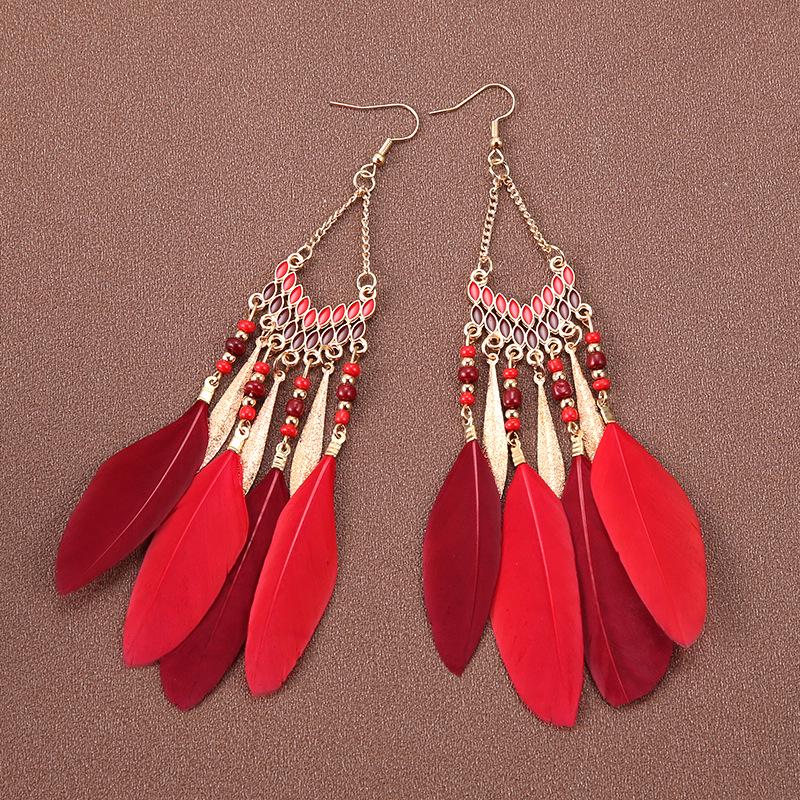 Bohemian Feather Earrings for Women, Face-Slimming Ethnic Style, Long Travel & Holiday Accessory