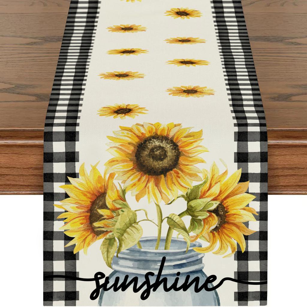 Amazon Temu Beliebt Sommer Unabhängigkeitstag Sonnenblumen-Druck Dekorative Leinen Tischflagge Tischdecke