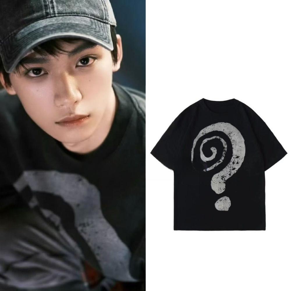 Ziyu Same Clothes Personalized Spiral Big Question Mark Loose Short-sleeved T-shirt Men's and Women's Pure Cotton